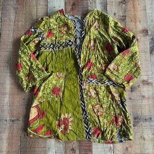 Women's open front quilted cardigan jacket in green with birds